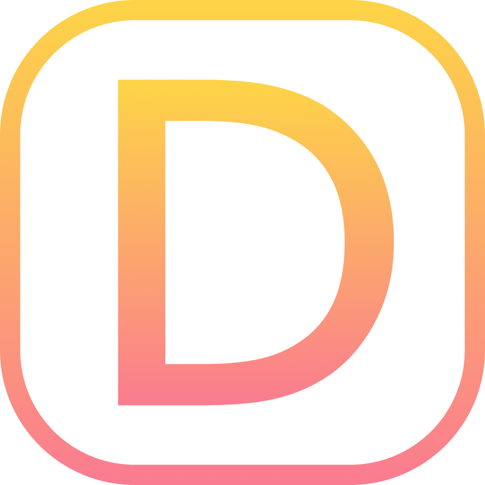 The Devote Radio Logo. It consists of a sans-serif capital letter D surrounded by a square with rounded corners. It features a colour gradient from orange to pink running from the top to the bottom.